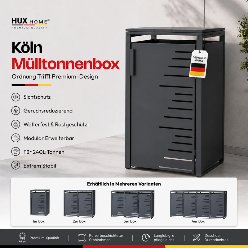 HUX-HOME® Köln V.1 Premium-Mülltonnenbox im exklusiven, minimalistischen Design | Mülltonnenverkleidung für 240-L-Tonnen