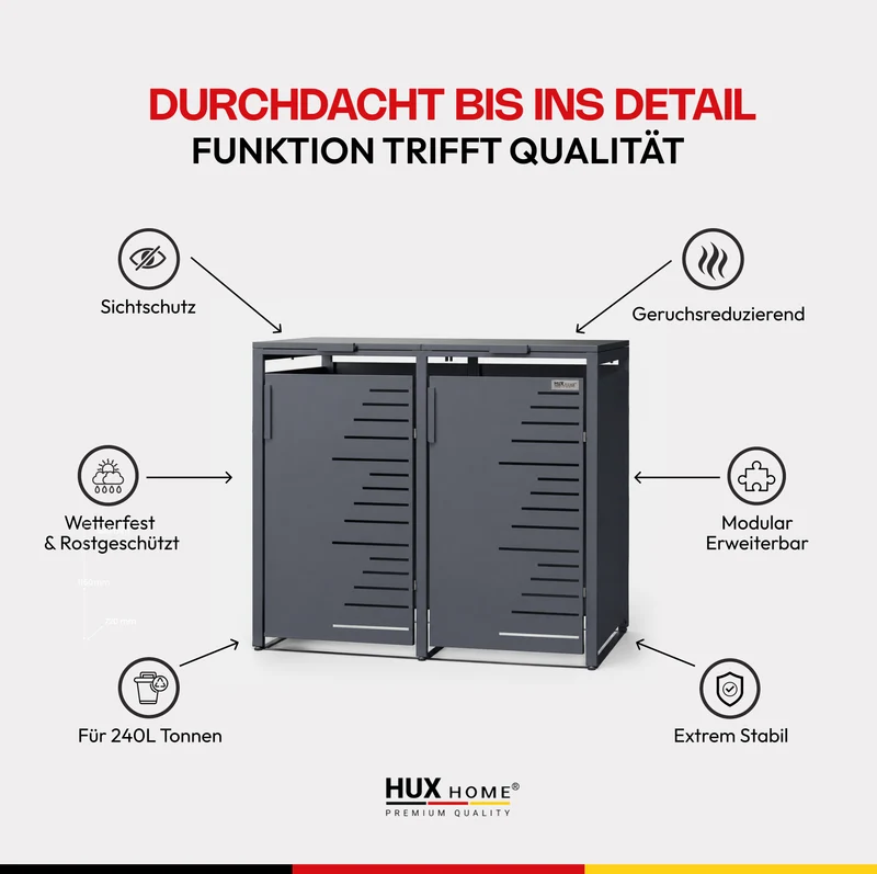 HUX-HOME® Köln V.1 Premium-Mülltonnenbox im exklusiven, minimalistischen Design | Mülltonnenverkleidung für 240-L-Tonnen