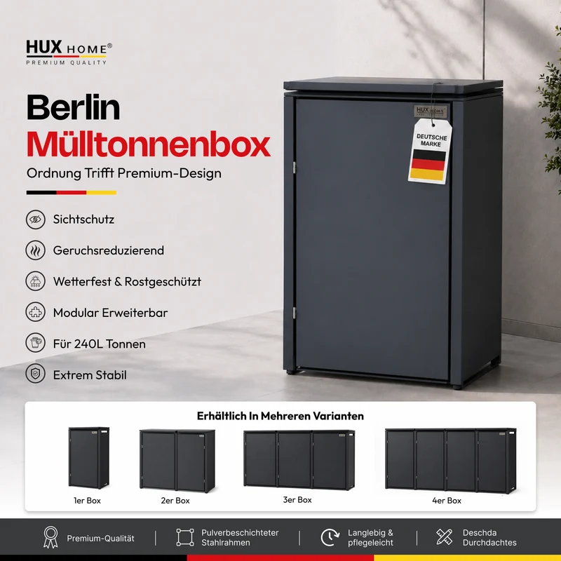 HUX-HOME® Berlin Premium-Mülltonnenbox im exklusiven, minimalistischen Design | Mülltonnenverkleidung für 240-L-Tonnen
