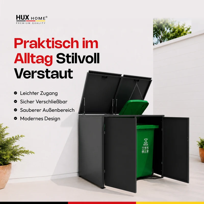 HUX-HOME® Berlin Premium-Mülltonnenbox im exklusiven, minimalistischen Design | Mülltonnenverkleidung für 240-L-Tonnen