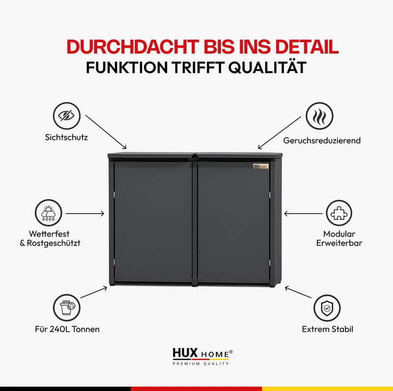 HUX-HOME® Berlin Premium-Mülltonnenbox im exklusiven, minimalistischen Design | Mülltonnenverkleidung für 240-L-Tonnen