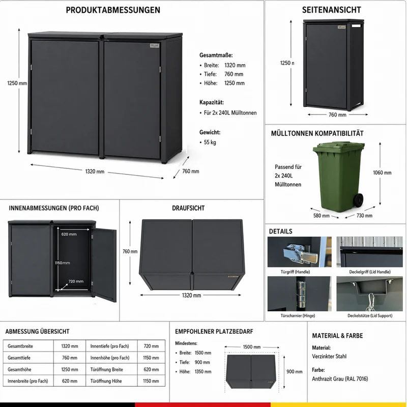 HUX-HOME® Berlin Premium-Mülltonnenbox im exklusiven, minimalistischen Design | Mülltonnenverkleidung für 240-L-Tonnen