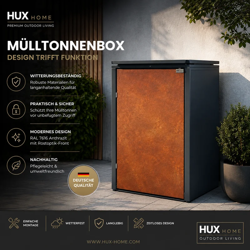 HUX-HOME® Hamburg Premium-Mülltonnenbox in exklusiver Rostoptik | Mülltonnenverkleidung für 240-L-Tonnen