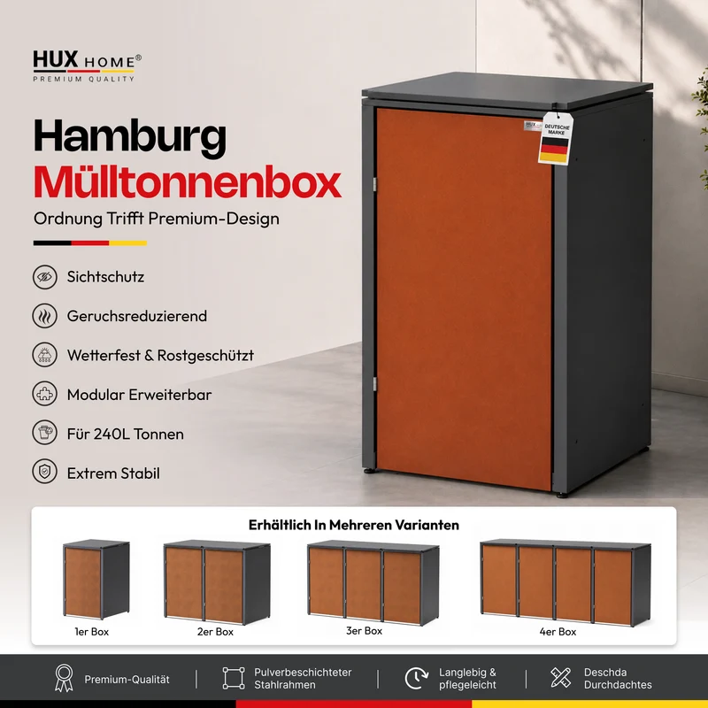HUX-HOME® Hamburg Premium-Mülltonnenbox in exklusiver Rostoptik | Mülltonnenverkleidung für 240-L-Tonnen