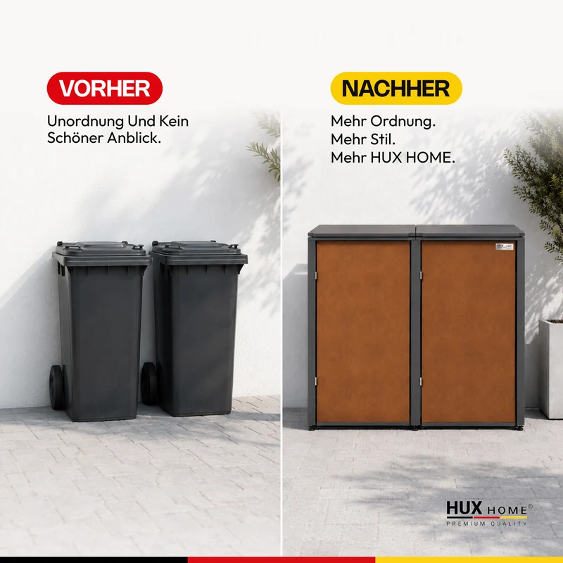 HUX-HOME® Hamburg Premium-Mülltonnenbox in exklusiver Rostoptik | Mülltonnenverkleidung für 240-L-Tonnen
