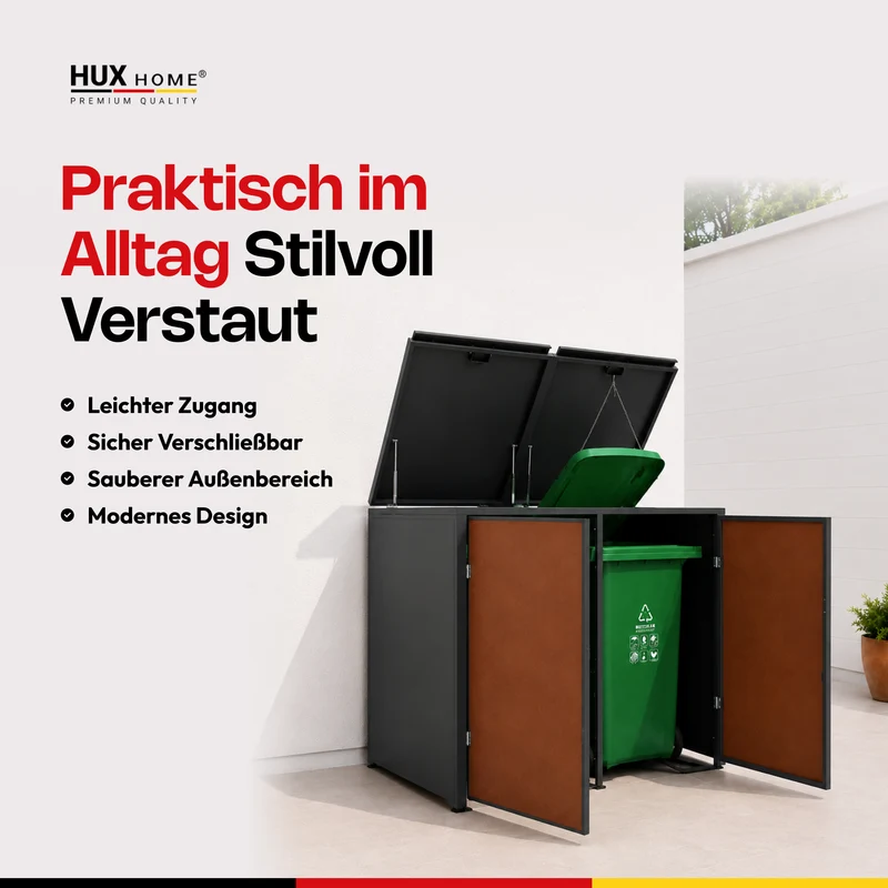 HUX-HOME® Hamburg Premium-Mülltonnenbox in exklusiver Rostoptik | Mülltonnenverkleidung für 240-L-Tonnen