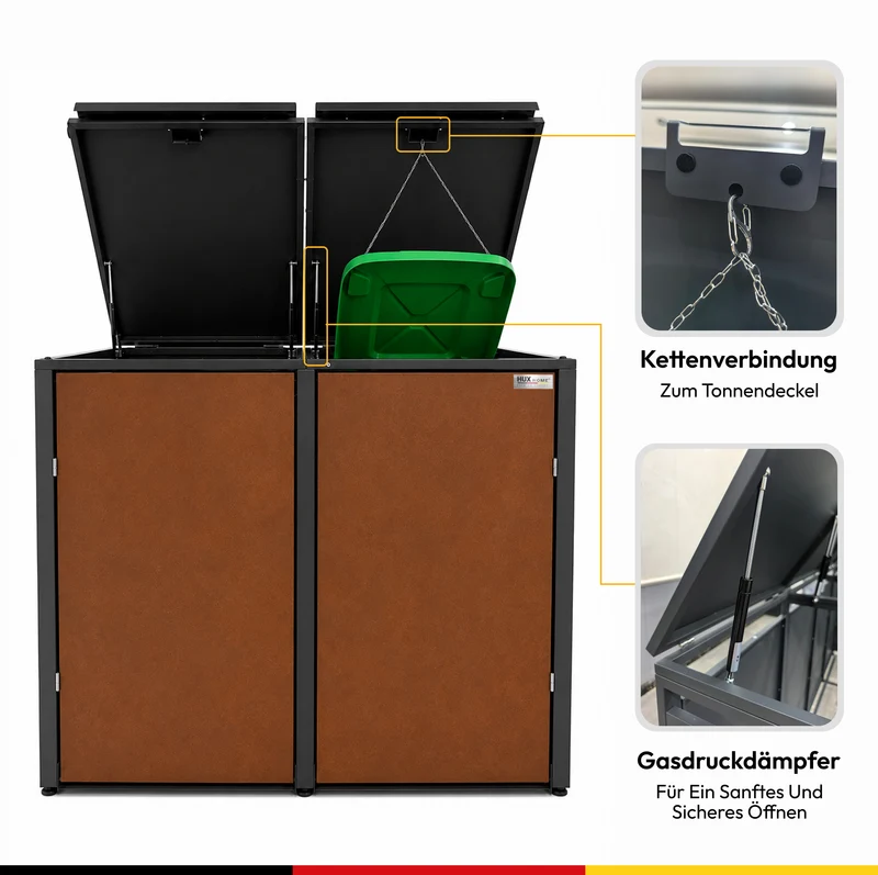 HUX-HOME® Hamburg Premium-Mülltonnenbox in exklusiver Rostoptik | Mülltonnenverkleidung für 240-L-Tonnen