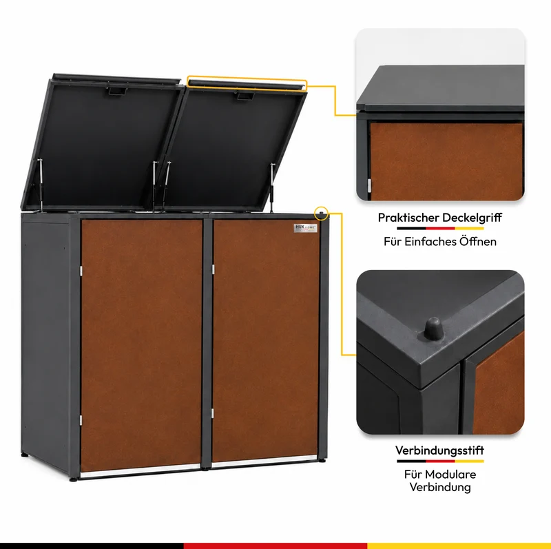 HUX-HOME® Hamburg Premium-Mülltonnenbox in exklusiver Rostoptik | Mülltonnenverkleidung für 240-L-Tonnen