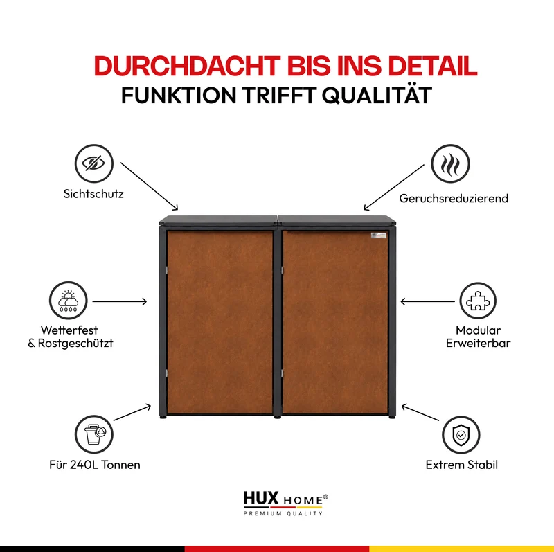 HUX-HOME® Hamburg Premium-Mülltonnenbox in exklusiver Rostoptik | Mülltonnenverkleidung für 240-L-Tonnen