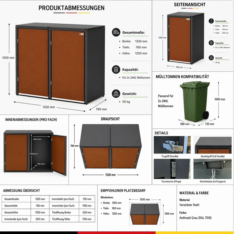 HUX-HOME® Hamburg Premium-Mülltonnenbox in exklusiver Rostoptik | Mülltonnenverkleidung für 240-L-Tonnen