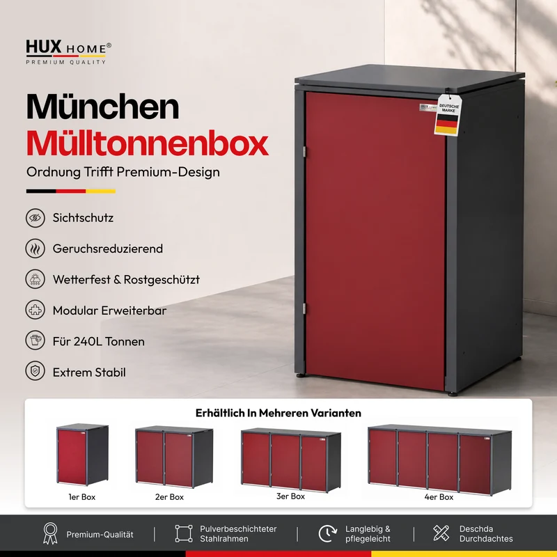 HUX-HOME® München Premium-Mülltonnenbox im exklusiven Design | Mülltonnenverkleidung für 240-L-Tonnen