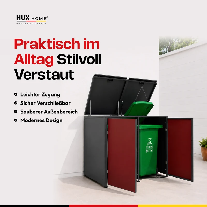 HUX-HOME® München Premium-Mülltonnenbox im exklusiven Design | Mülltonnenverkleidung für 240-L-Tonnen