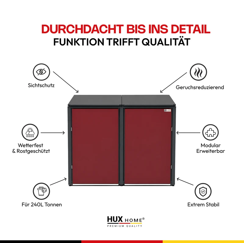 HUX-HOME® München Premium-Mülltonnenbox im exklusiven Design | Mülltonnenverkleidung für 240-L-Tonnen