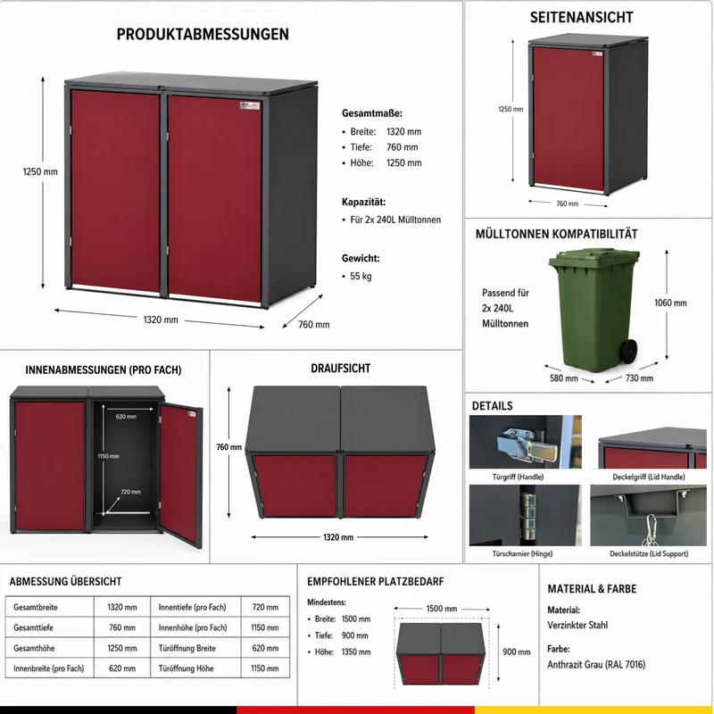 HUX-HOME® München Premium-Mülltonnenbox im exklusiven Design | Mülltonnenverkleidung für 240-L-Tonnen