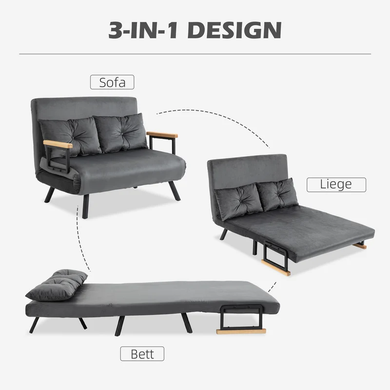 HOMCOM - Schlafsofa mit Bettkasten Couch mit Schlaffunktion Schlafcouch mit Samtoptik Rückenkissen 102 x 73 x 81 cm, Dunkelgrau