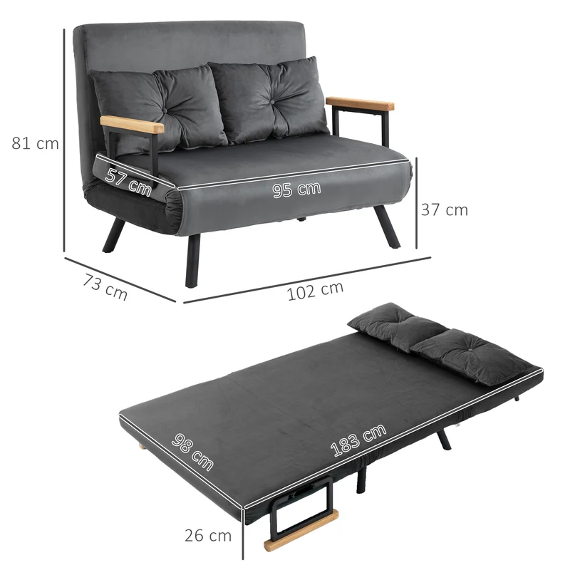 HOMCOM - Schlafsofa mit Bettkasten Couch mit Schlaffunktion Schlafcouch mit Samtoptik Rückenkissen 102 x 73 x 81 cm, Dunkelgrau