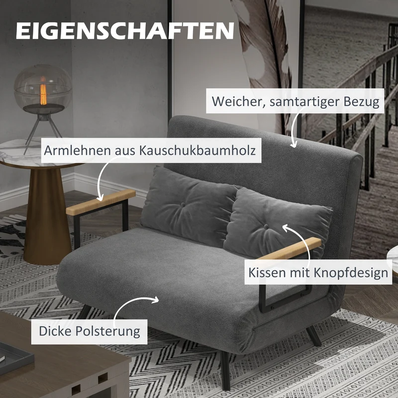 HOMCOM - Schlafsofa mit Bettkasten Couch mit Schlaffunktion Schlafcouch mit Samtoptik Rückenkissen 102 x 73 x 81 cm, Dunkelgrau