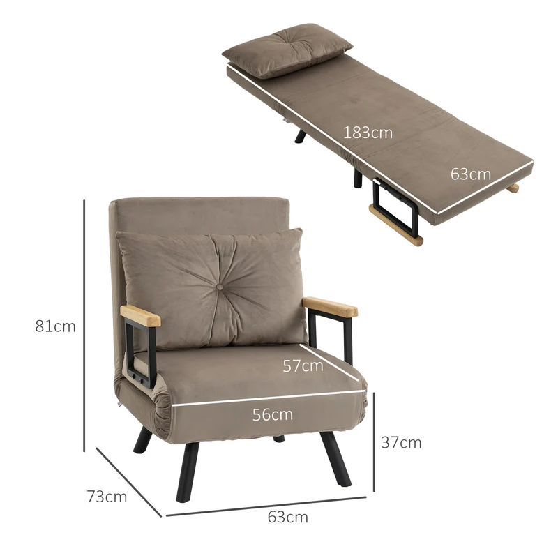 HOMCOM - Schlafsessel mit Bettfunktion, 63 x 73 x 81 cm, mit fünffach verstellbarer Rückenlehne, platzsparend, robust, Samtoptik, Hellbraun