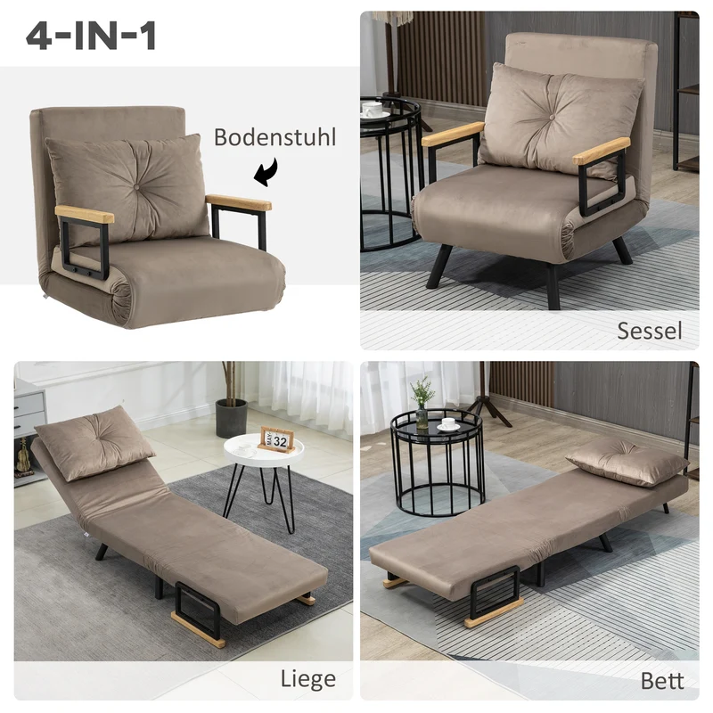 HOMCOM - Schlafsessel mit Bettfunktion, 63 x 73 x 81 cm, mit fünffach verstellbarer Rückenlehne, platzsparend, robust, Samtoptik, Hellbraun