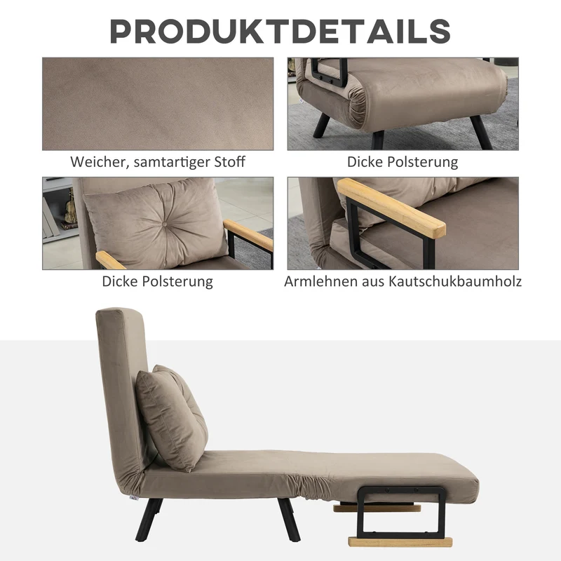 HOMCOM - Schlafsessel mit Bettfunktion, 63 x 73 x 81 cm, mit fünffach verstellbarer Rückenlehne, platzsparend, robust, Samtoptik, Hellbraun