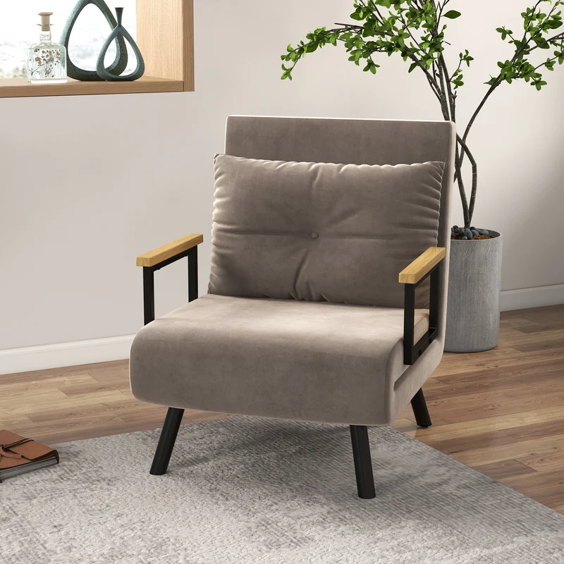 HOMCOM - Schlafsessel mit Bettfunktion, 63 x 73 x 81 cm, mit fünffach verstellbarer Rückenlehne, platzsparend, robust, Samtoptik, Hellbraun