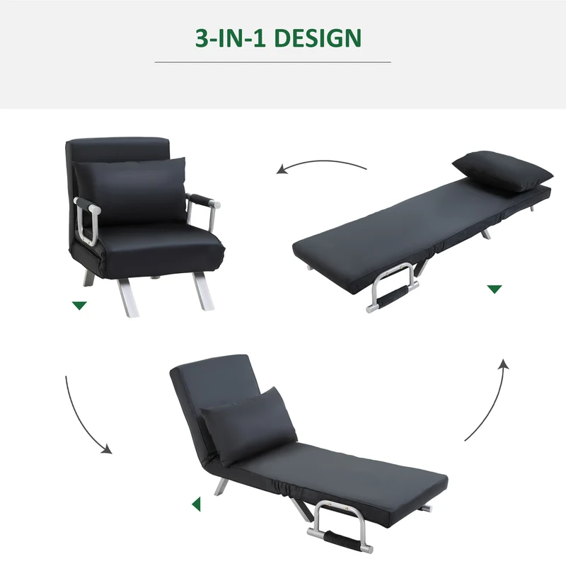 HOMCOM – 3-in-1-Schlafsessel mit 5-fach verstellbarer Rückenlehne und Kissen, 65 × 77 × 80 cm, Schwarz