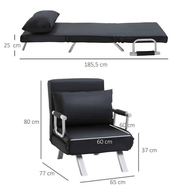 HOMCOM – 3-in-1-Schlafsessel mit 5-fach verstellbarer Rückenlehne und Kissen, 65 × 77 × 80 cm, Schwarz