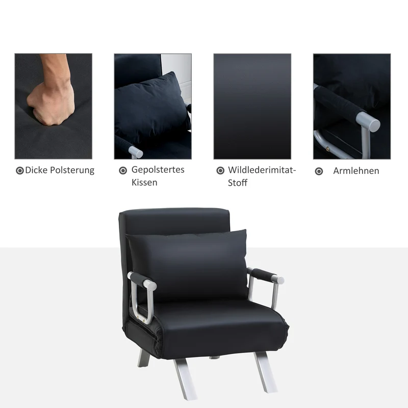 HOMCOM – 3-in-1-Schlafsessel mit 5-fach verstellbarer Rückenlehne und Kissen, 65 × 77 × 80 cm, Schwarz