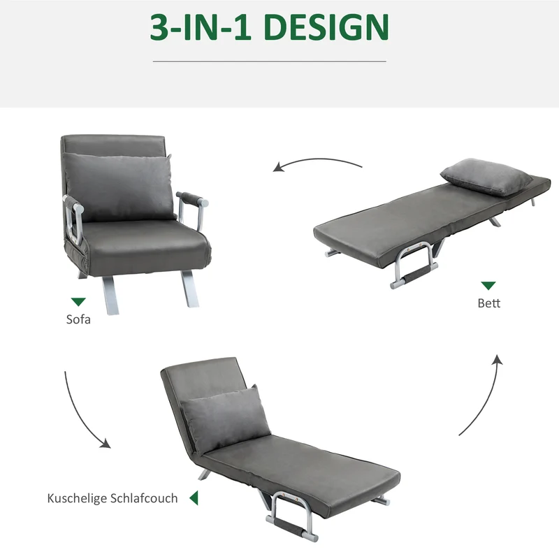 HOMCOM – 3-in-1-Schlafsessel mit 5-fach verstellbarer Rückenlehne und Kissen, 65 × 69 × 80 cm, Grau