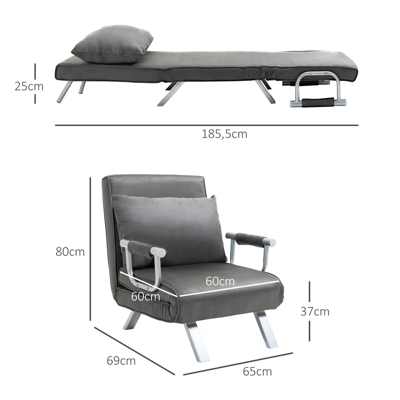 HOMCOM – 3-in-1-Schlafsessel mit 5-fach verstellbarer Rückenlehne und Kissen, 65 × 69 × 80 cm, Grau