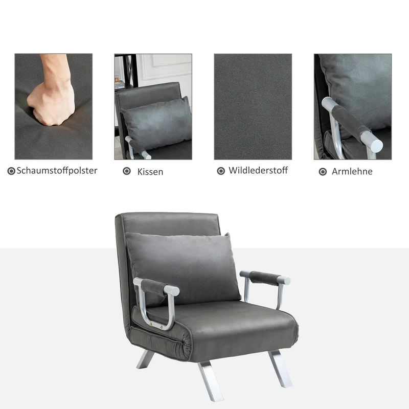 HOMCOM – 3-in-1-Schlafsessel mit 5-fach verstellbarer Rückenlehne und Kissen, 65 × 69 × 80 cm, Grau