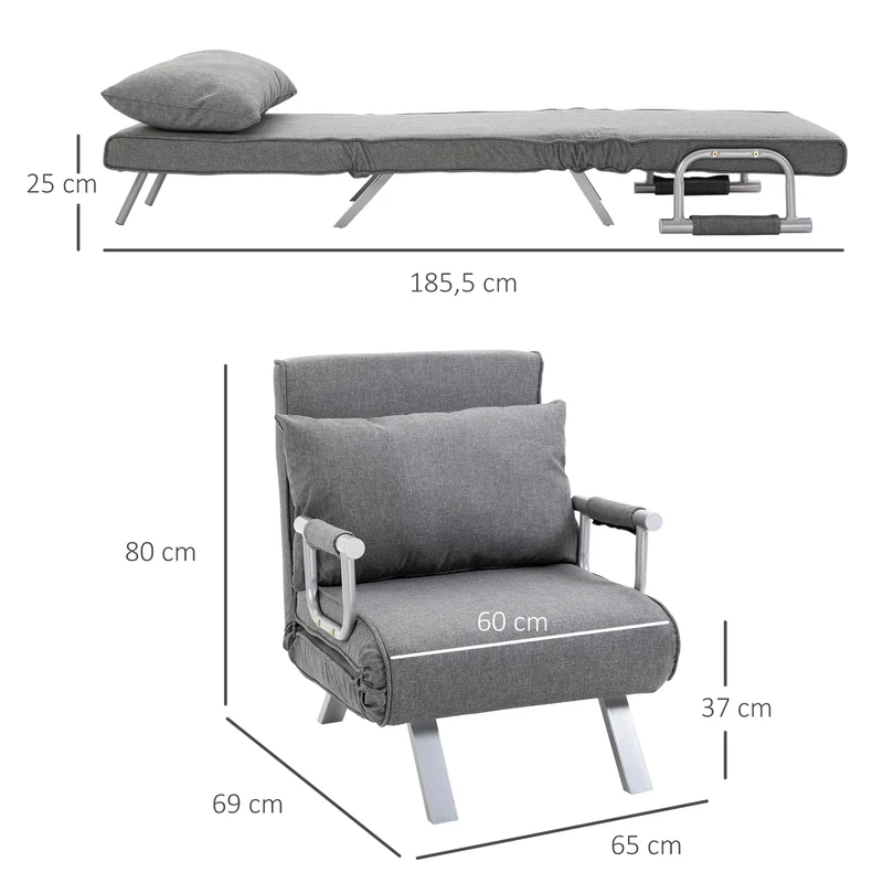 HOMCOM – 3-in-1-Schlafsessel mit 5-fach verstellbarer Rückenlehne und Armlehnen, 65 × 69 × 80 cm, Grau