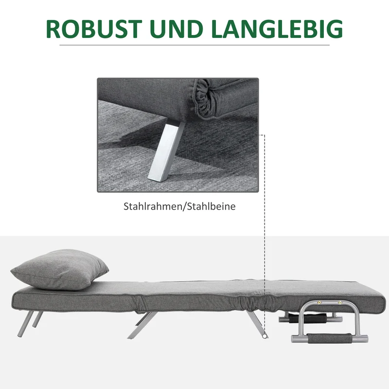 HOMCOM – 3-in-1-Schlafsessel mit 5-fach verstellbarer Rückenlehne und Armlehnen, 65 × 69 × 80 cm, Grau