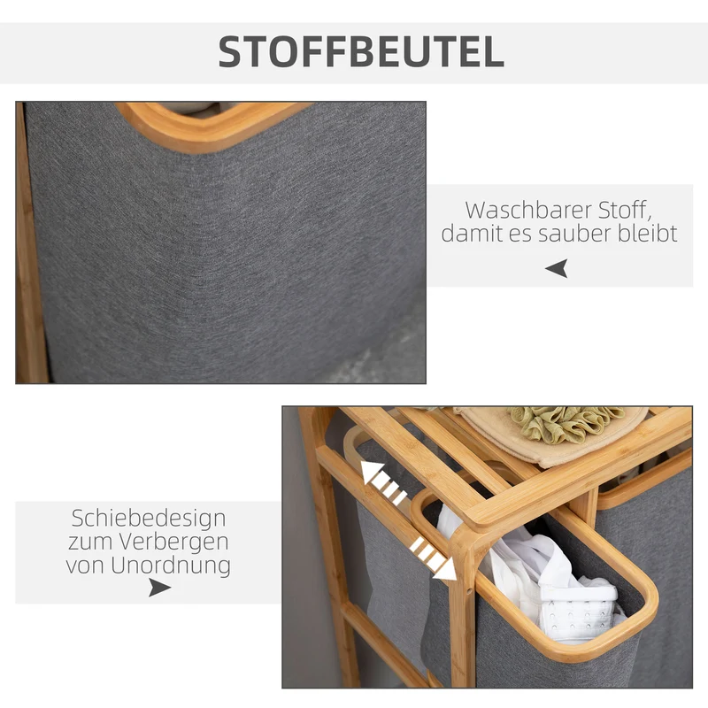 HOMCOM - Wäschekorb 3 Fächer, Wäschekorb mit Ablage, Wäschesammler, Wäschebehälter, mit Plattform Bambus, Wäschesäcken, Wäschesortierer, Grau Natur