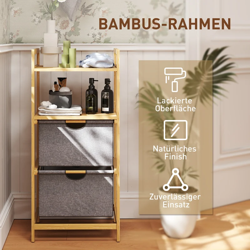 HOMCOM – Wäscheregal aus Bambus mit 2 herausziehbaren Stoffkörben und 2 Ablagen, 35,4 l, Natur/Grau