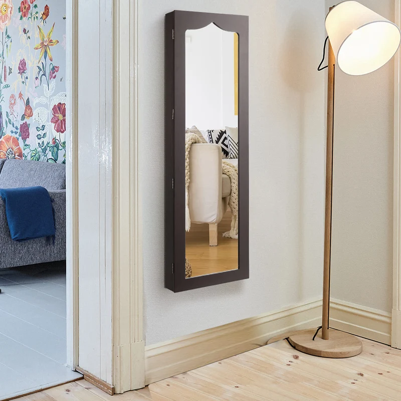 Costway - Spiegelschrank, Schmuckaufbewahrung, Schmuckschrank Wand, Türschmuckschrank mit großem Spiegel, Braun
