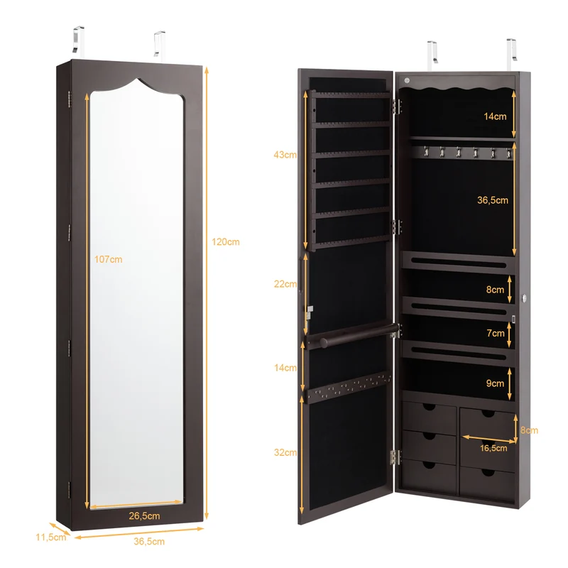 Costway - Spiegelschrank, Schmuckaufbewahrung, Schmuckschrank Wand, Türschmuckschrank mit großem Spiegel, Braun