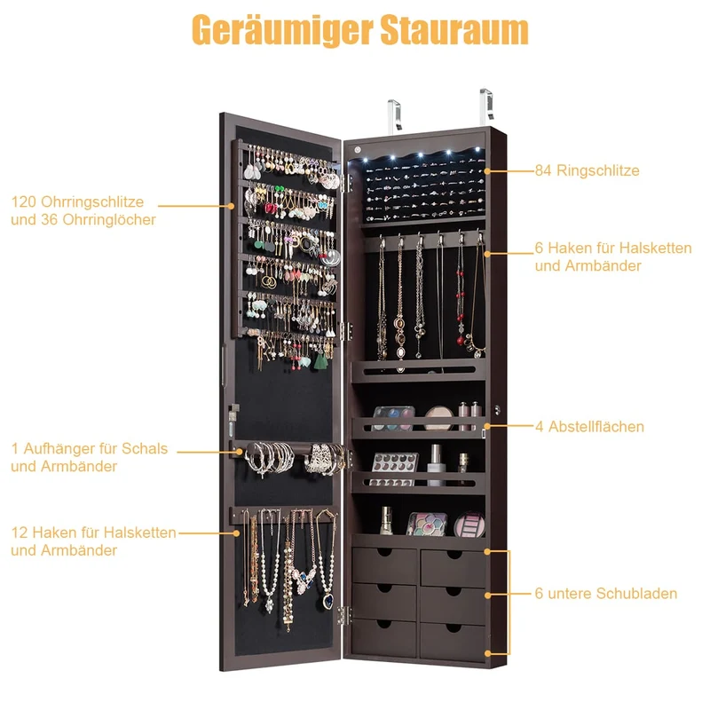 Costway - Spiegelschrank, Schmuckaufbewahrung, Schmuckschrank Wand, Türschmuckschrank mit großem Spiegel, Braun