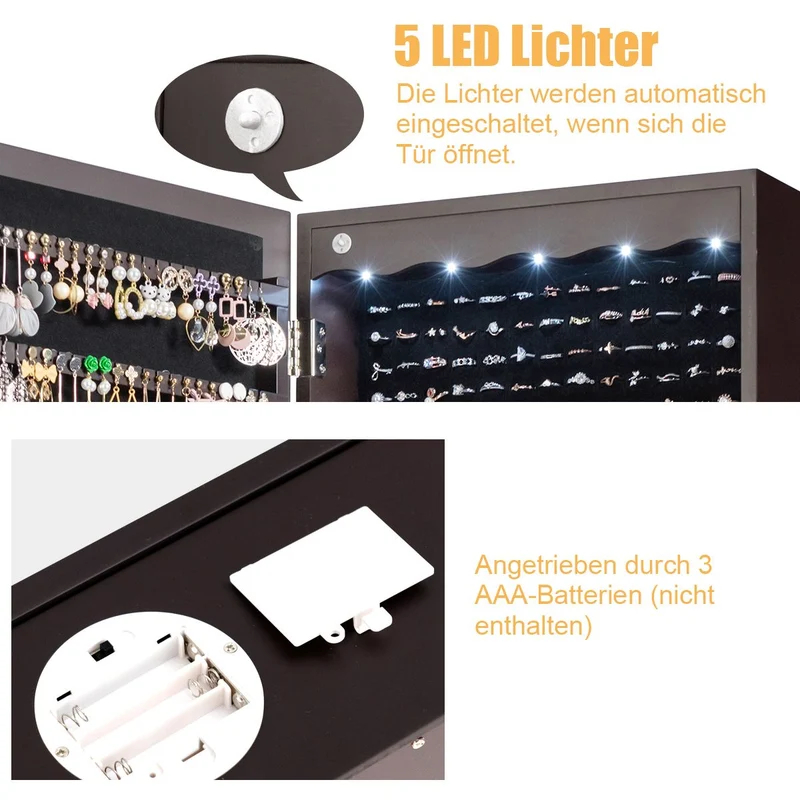 Costway - Spiegelschrank, Schmuckaufbewahrung, Schmuckschrank Wand, Türschmuckschrank mit großem Spiegel, Braun