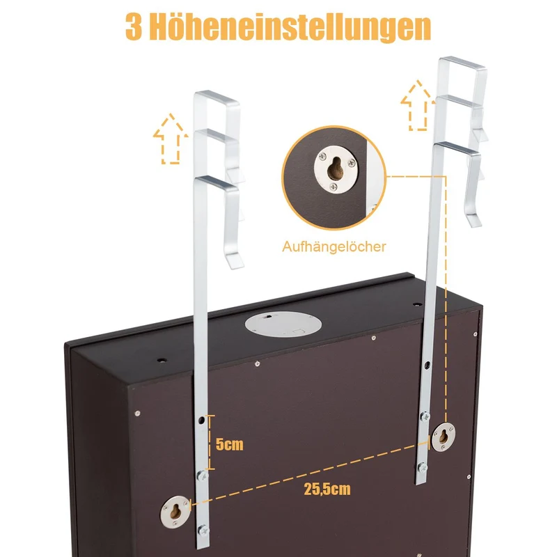 Costway - Spiegelschrank, Schmuckaufbewahrung, Schmuckschrank Wand, Türschmuckschrank mit großem Spiegel, Braun
