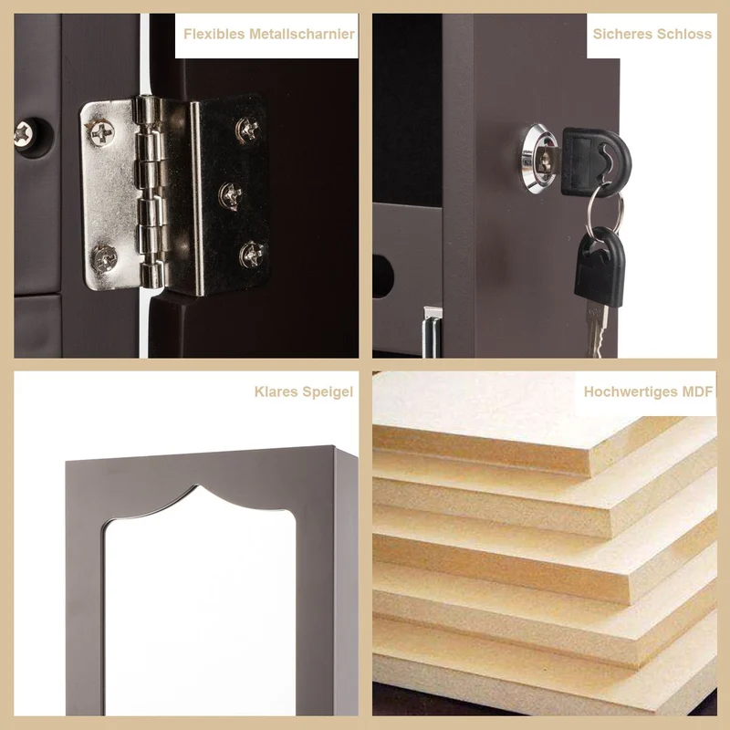 Costway - Spiegelschrank, Schmuckaufbewahrung, Schmuckschrank Wand, Türschmuckschrank mit großem Spiegel, Braun