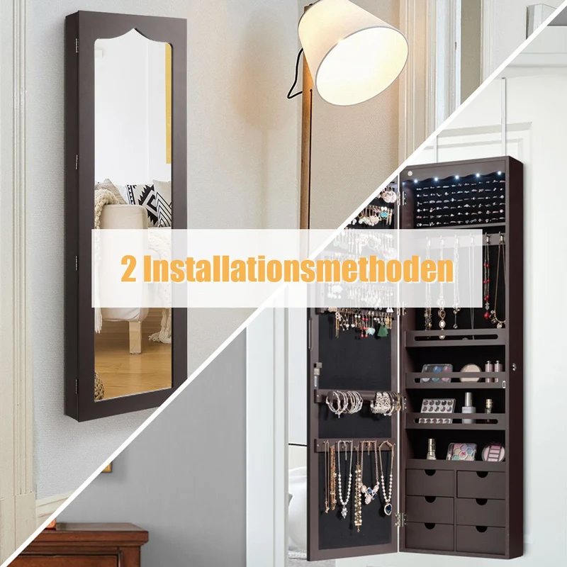 Costway - Spiegelschrank, Schmuckaufbewahrung, Schmuckschrank Wand, Türschmuckschrank mit großem Spiegel, Braun