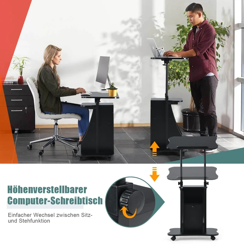 Costway - Laptoptisch, Laptopständer Höhenverstellbar, Laptoptisch Sofa, Laptoptisch Bett, mit neigbarer Tischplatte und Ablagen, mit Rollen, Schwarz