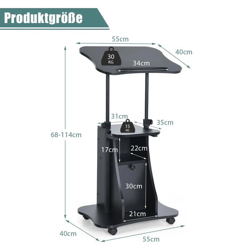 Costway - Laptoptisch, Laptopständer Höhenverstellbar, Laptoptisch Sofa, Laptoptisch Bett, mit neigbarer Tischplatte und Ablagen, mit Rollen, Schwarz