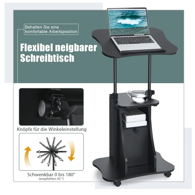 Costway - Laptoptisch, Laptopständer Höhenverstellbar, Laptoptisch Sofa, Laptoptisch Bett, mit neigbarer Tischplatte und Ablagen, mit Rollen, Schwarz