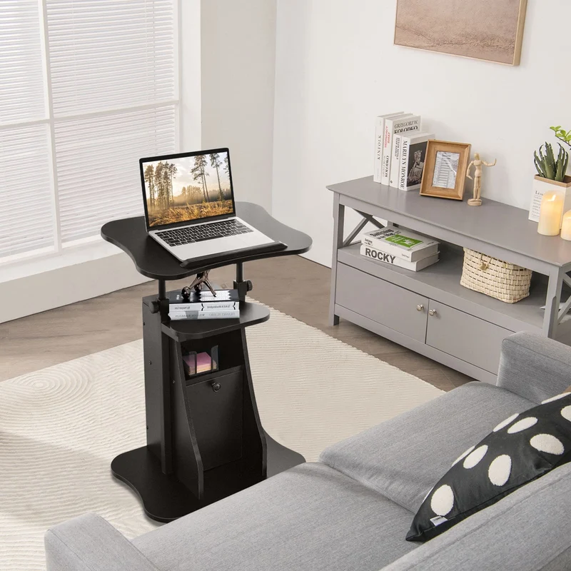 Costway - Laptoptisch, Laptopständer Höhenverstellbar, Laptoptisch Sofa, Laptoptisch Bett, mit neigbarer Tischplatte und Ablagen, mit Rollen, Schwarz