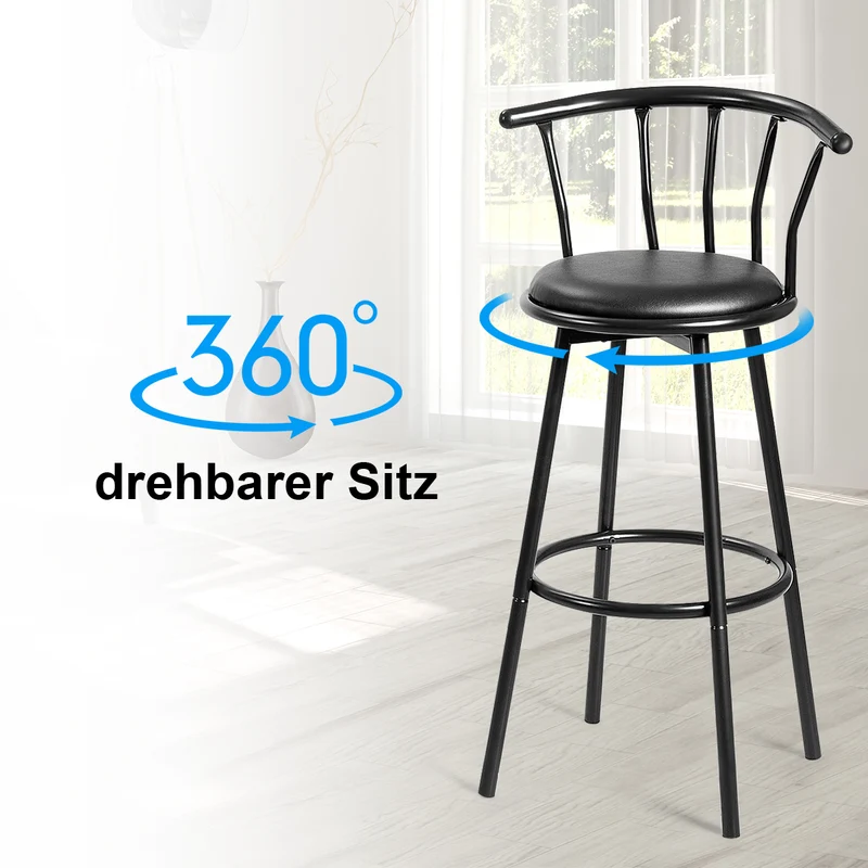 Costway – Barhocker im 2er-Set, 360° drehbar, mit Rückenlehne, Fußstütze und Schaumstoffpolsterung, Schwarz