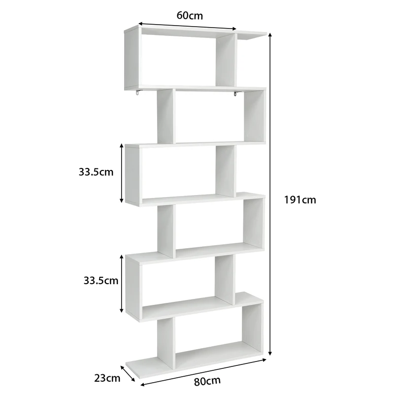 Costway - Bücherregal, Bücherregal mit 6 Ebenen, S-Form Standregal, Aufbewahrungsregal, Holz, Farbwahl-Weiß