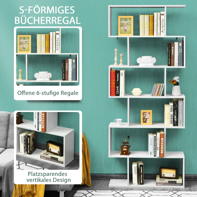 Costway - Bücherregal, Bücherregal mit 6 Ebenen, S-Form Standregal, Aufbewahrungsregal, Holz, Farbwahl-Weiß