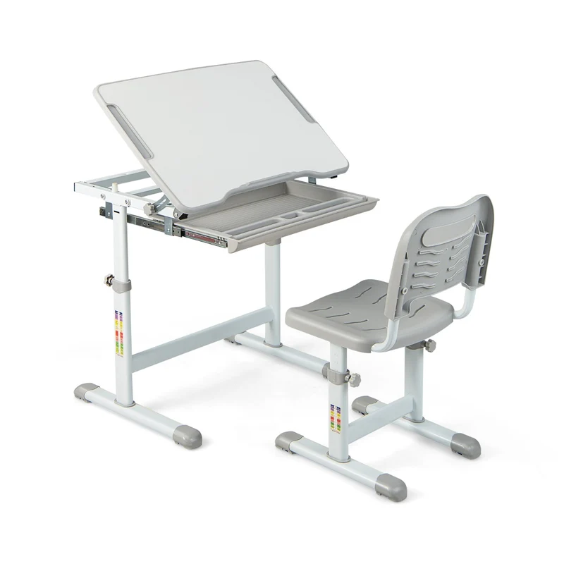 Costway - Schreibtisch Kinder, Höhenverstellbares Kinderschreibtisch Set, mit Neigbarer Tischplatte, Tisch kann bis 60 kg, Stuhl bis 100 kg, Grau